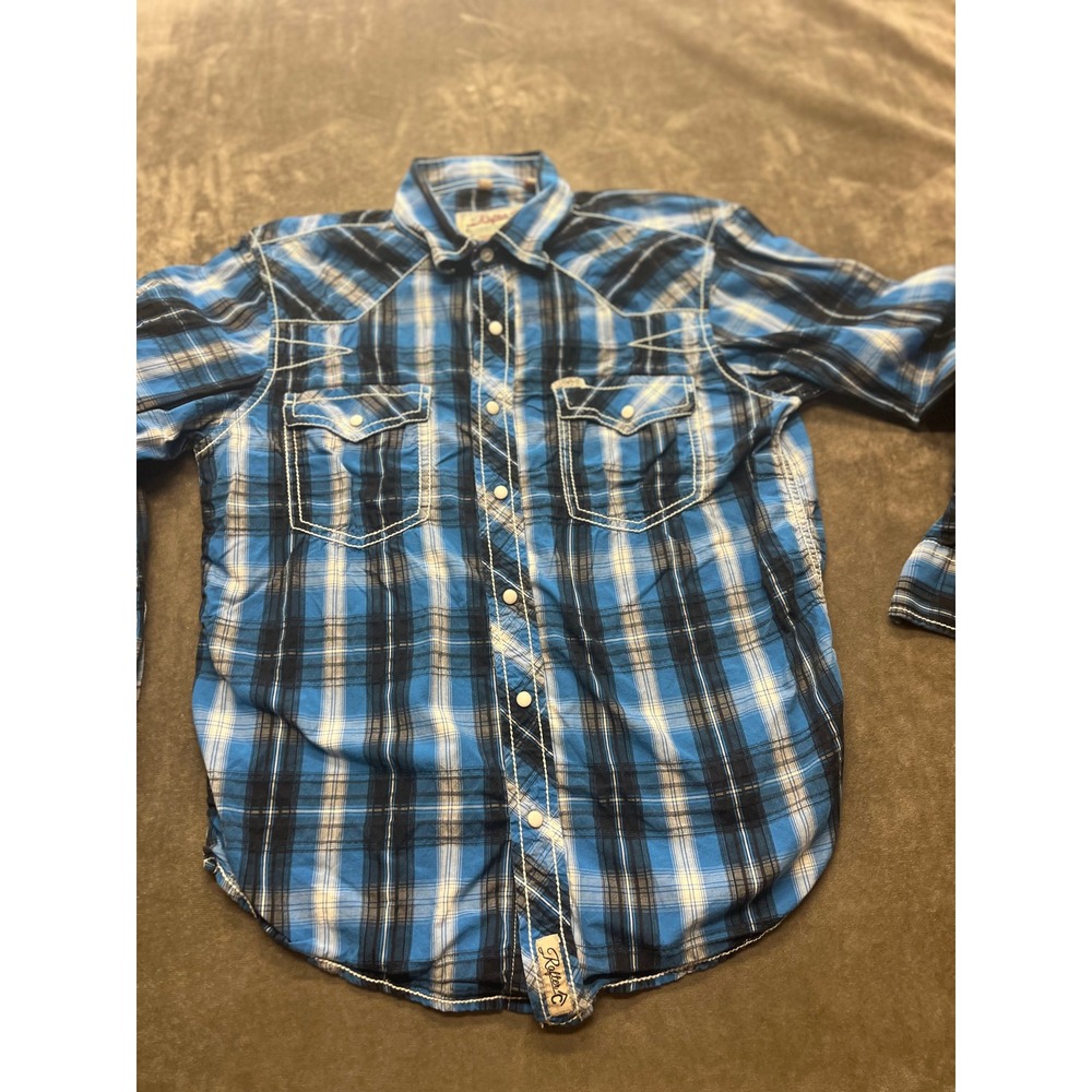Rafter C Cowboy Collection Plaid‎ Western Shirt Mens Medium Blue White